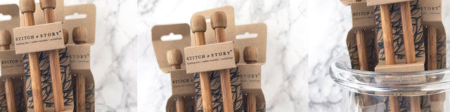 Banner of 3 photos of bamboo knitting needles showing Stitch & Story brand