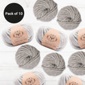 10 balls of Grey Heron 100% Wool Super Chunky Homestead Yarn from Stitch & Story is graphically placed on this image, with a black emblem saying 'Pack of 10' in the top left corner