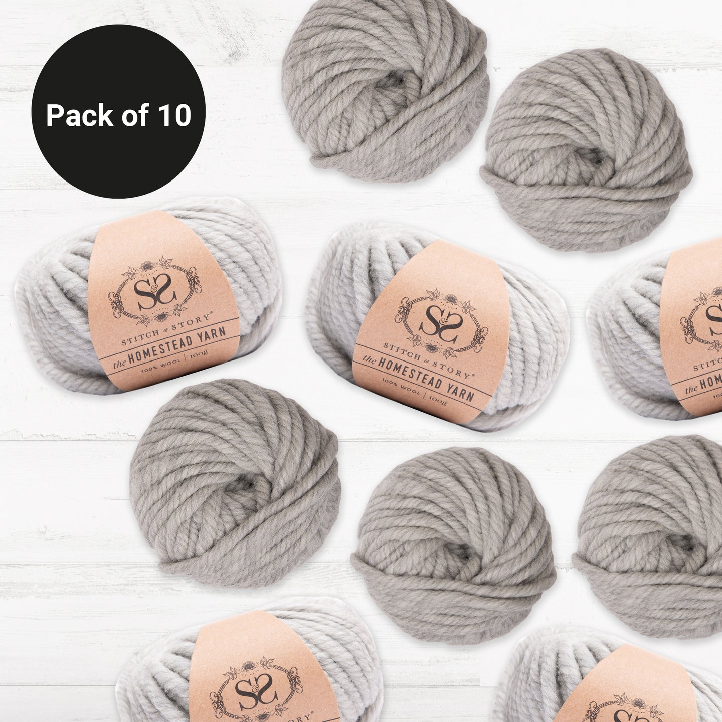 10 balls of Grey Heron 100% Wool Super Chunky Homestead Yarn from Stitch & Story is graphically placed on this image, with a black emblem saying 'Pack of 10' in the top left corner