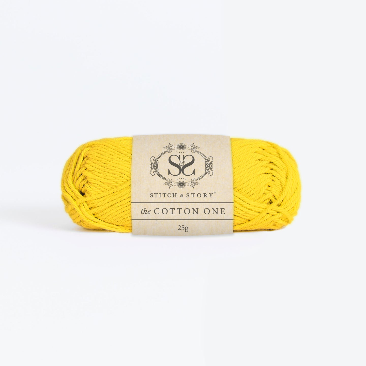 Front on photo of the Stitch & story's Cotton one yarn in 25g ball, in Daisy yellow