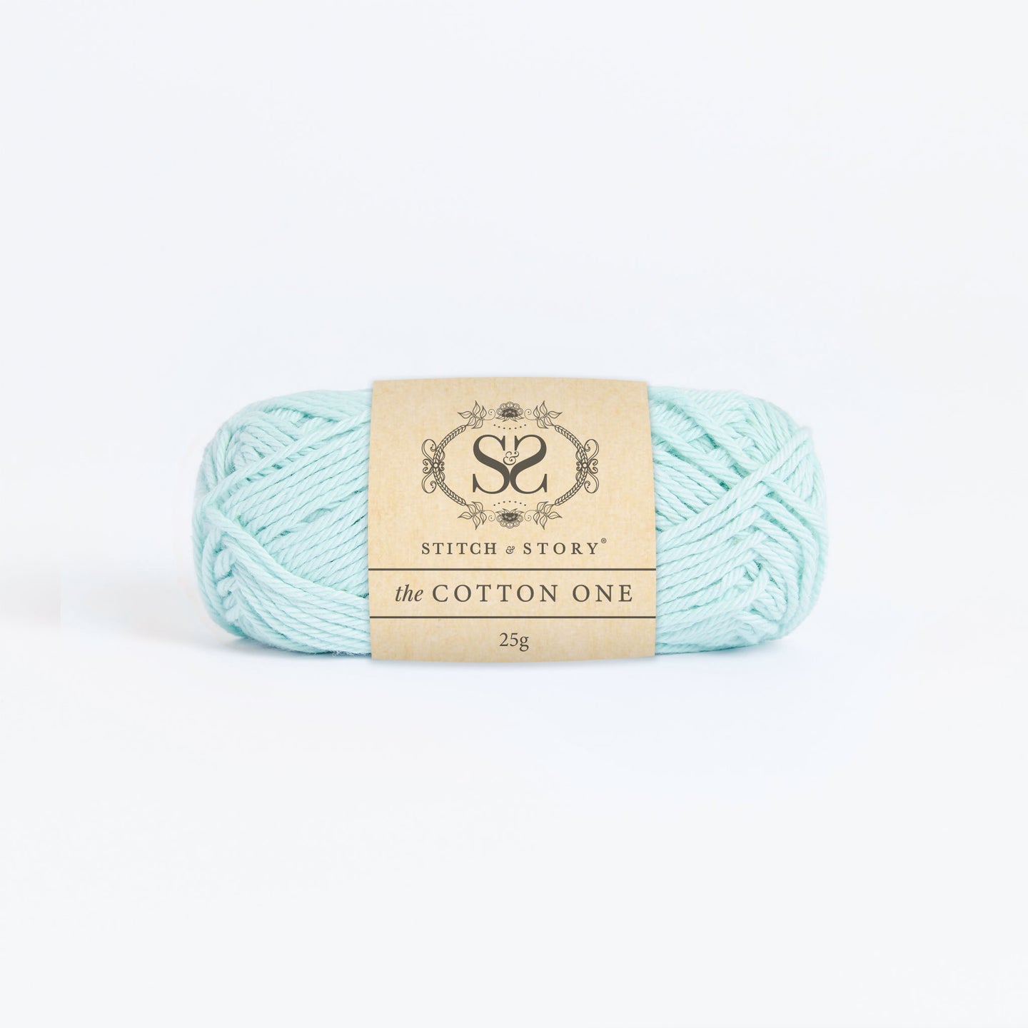Front on photo of the Stitch & story's Cotton one yarn in 25g ball, in Pale Blue