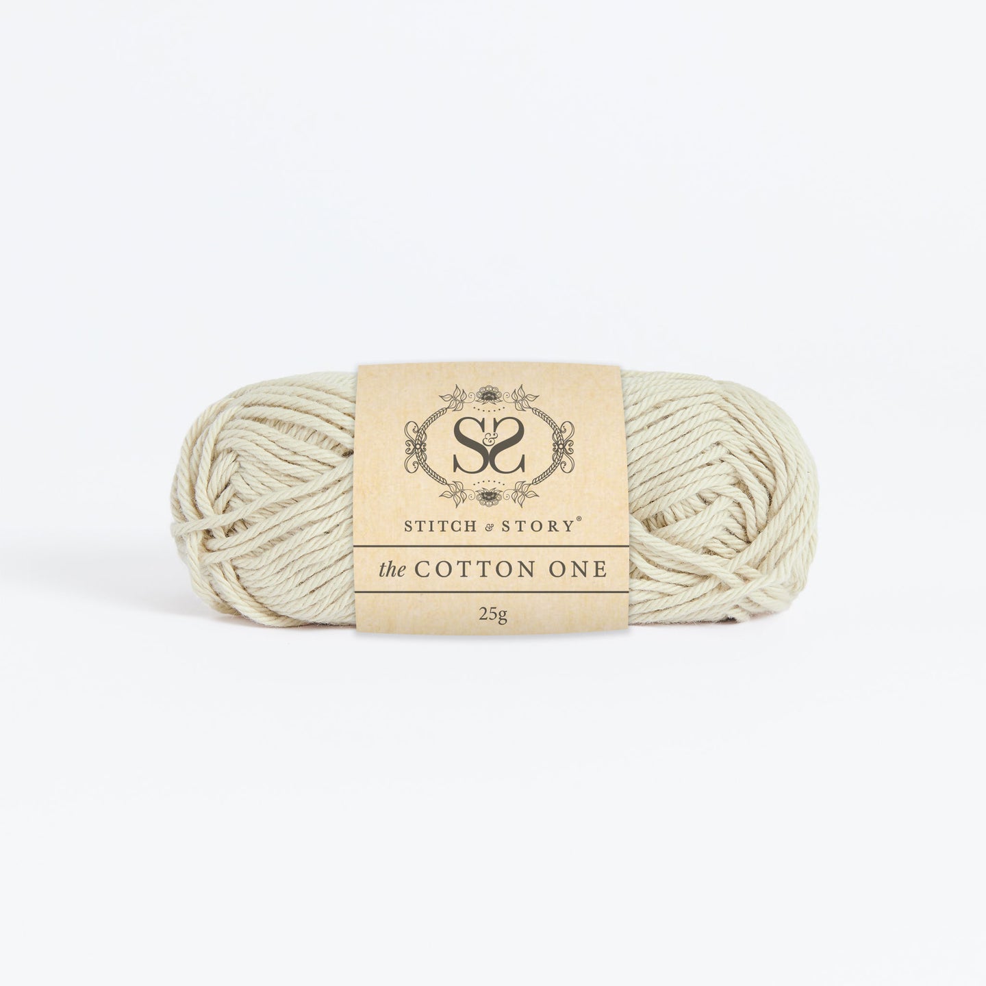 Front on photo of the Stitch & story's Cotton one yarn in 25g ball, in Persian Grey