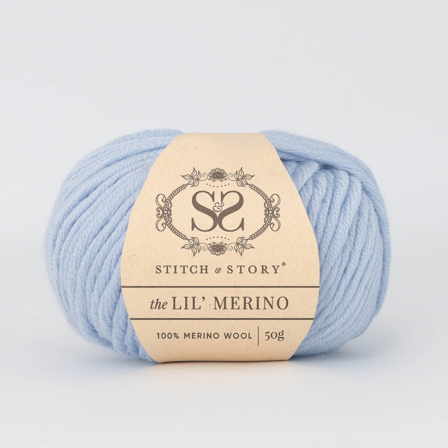 Front on shot of Stitch & story's 100% merino wool Lil' Merino's Baby Blue