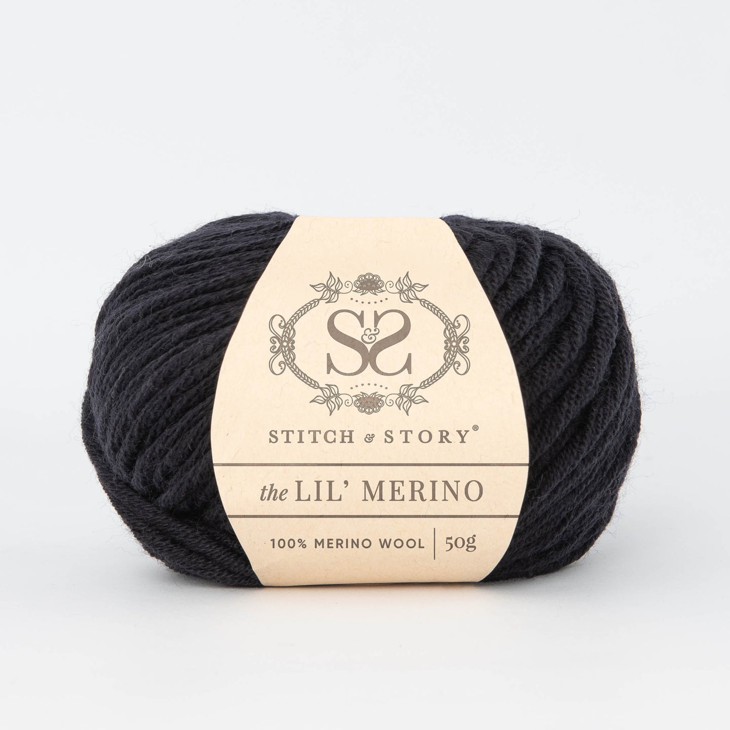 Front on shot of Stitch & story's 100% merino wool Lil' Merino's Comic Black.