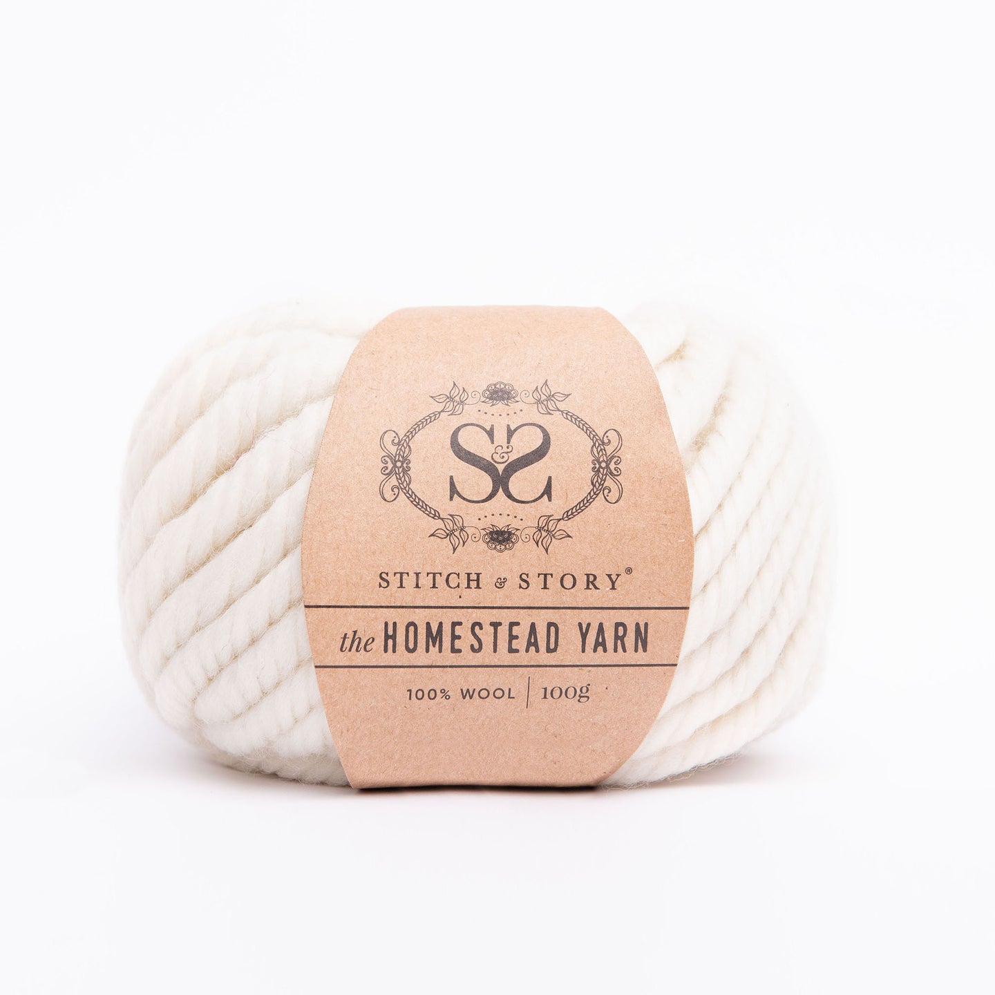 Front on photo showing the 100% Wool Super Chunky yarn The Homestead yarn from Stitch & Story in White Owl