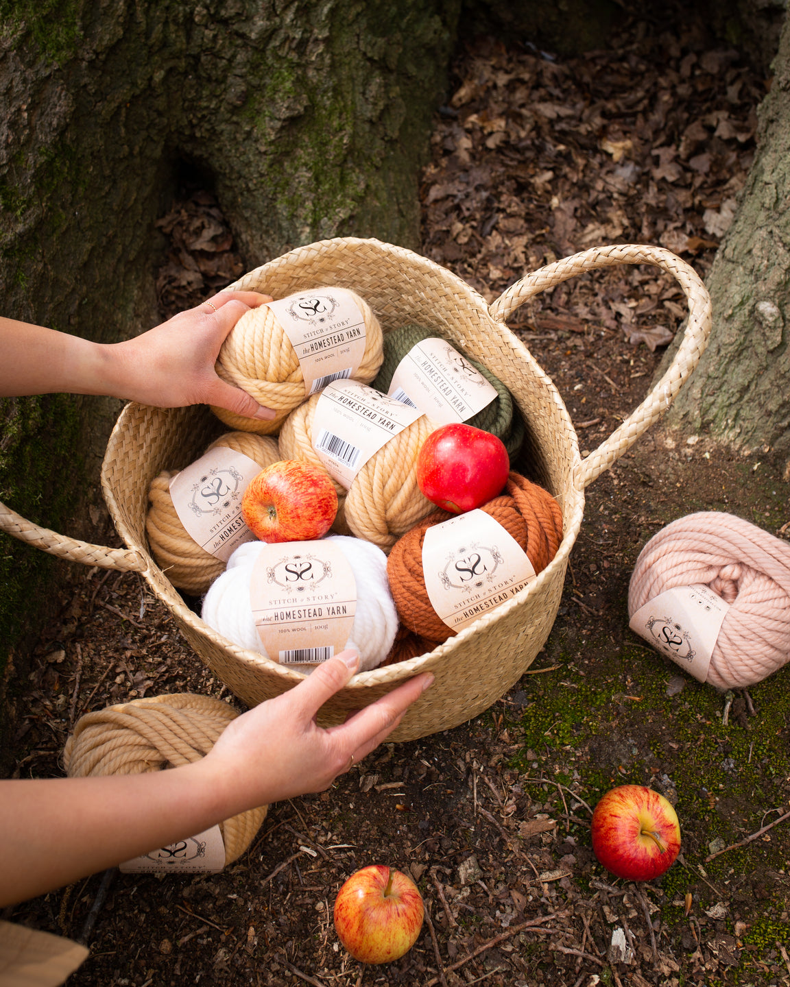 Someone is holding a basket in a forest, showing to the camera their forage of red apples as well as balls of Homstead yarn, Stitch & Story's Super chunky 100% Wool yarn, in 5 different colours