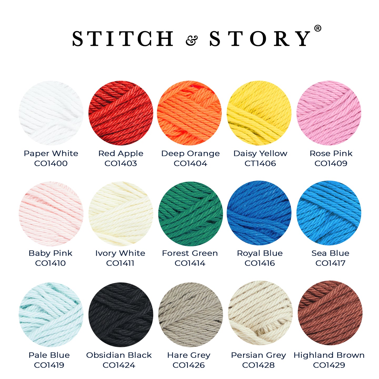 A Stitch & Story branded header chart, showing all available 15 colours in our 25g Cotton One yarn.