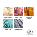 Five balls of yarn in different colors with labels below on a white background, featuring the Stitch & Story logo.