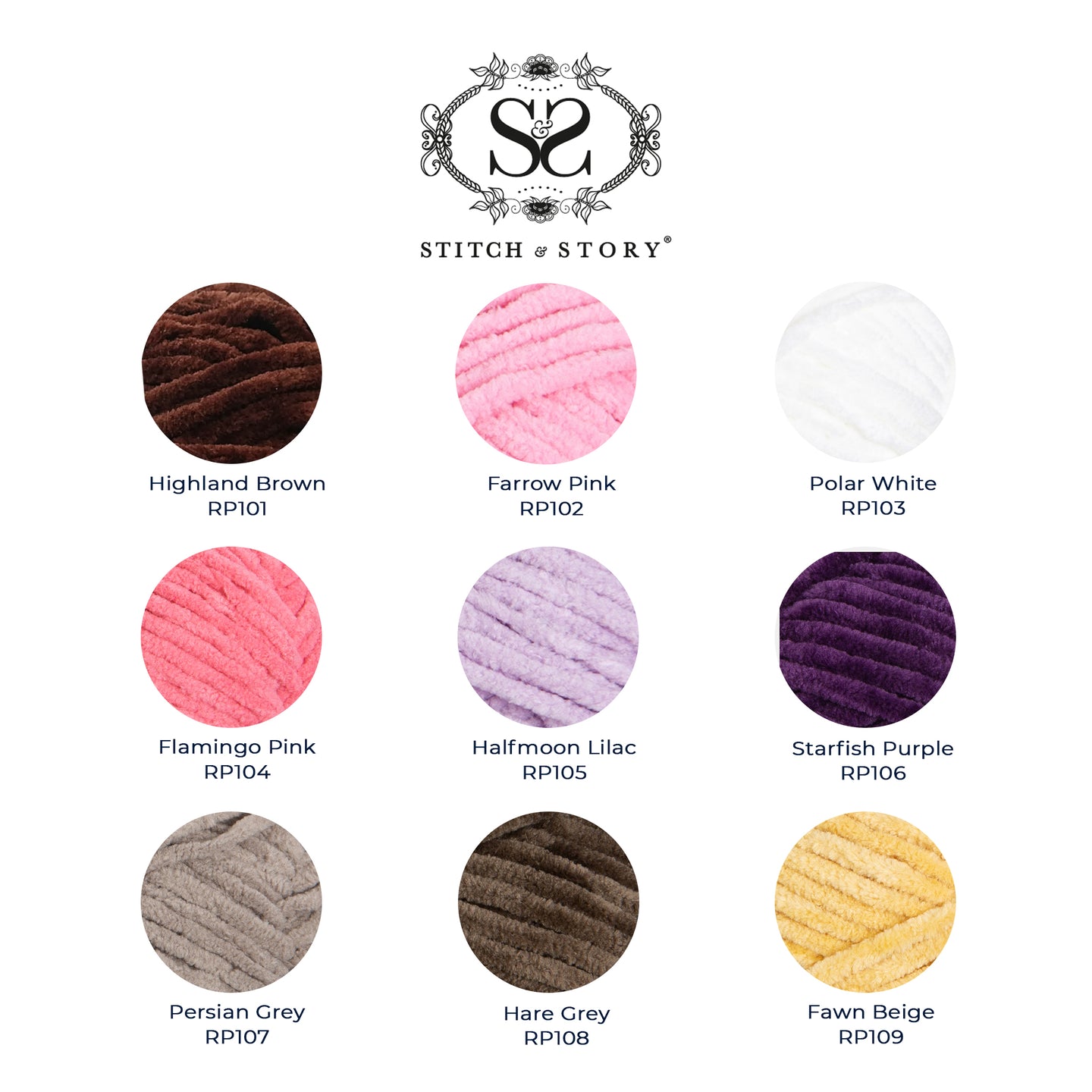 A Stitch & Story branded header chart, showing all available 9 colours in our 100g Roly Poly Plush yarn.
