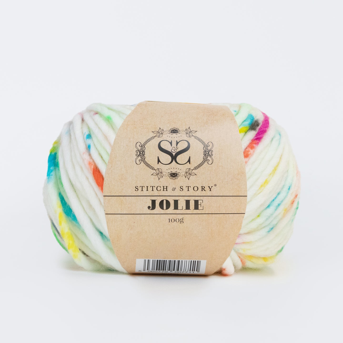 A photo showing a ball of stitch & story 100% roving acrylic super chunky yarn Jolie Yarn in 100g balls, in Playtime