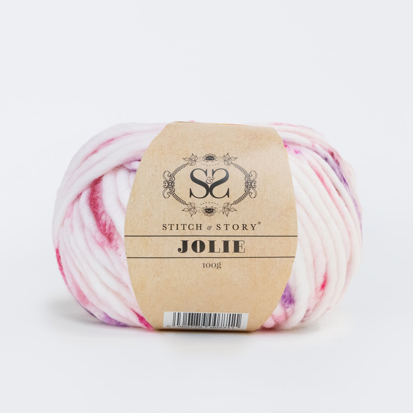 A photo showing a ball of stitch & story 100% roving acrylic super chunky yarn Jolie Yarn in 100g balls, in Summer Fruits