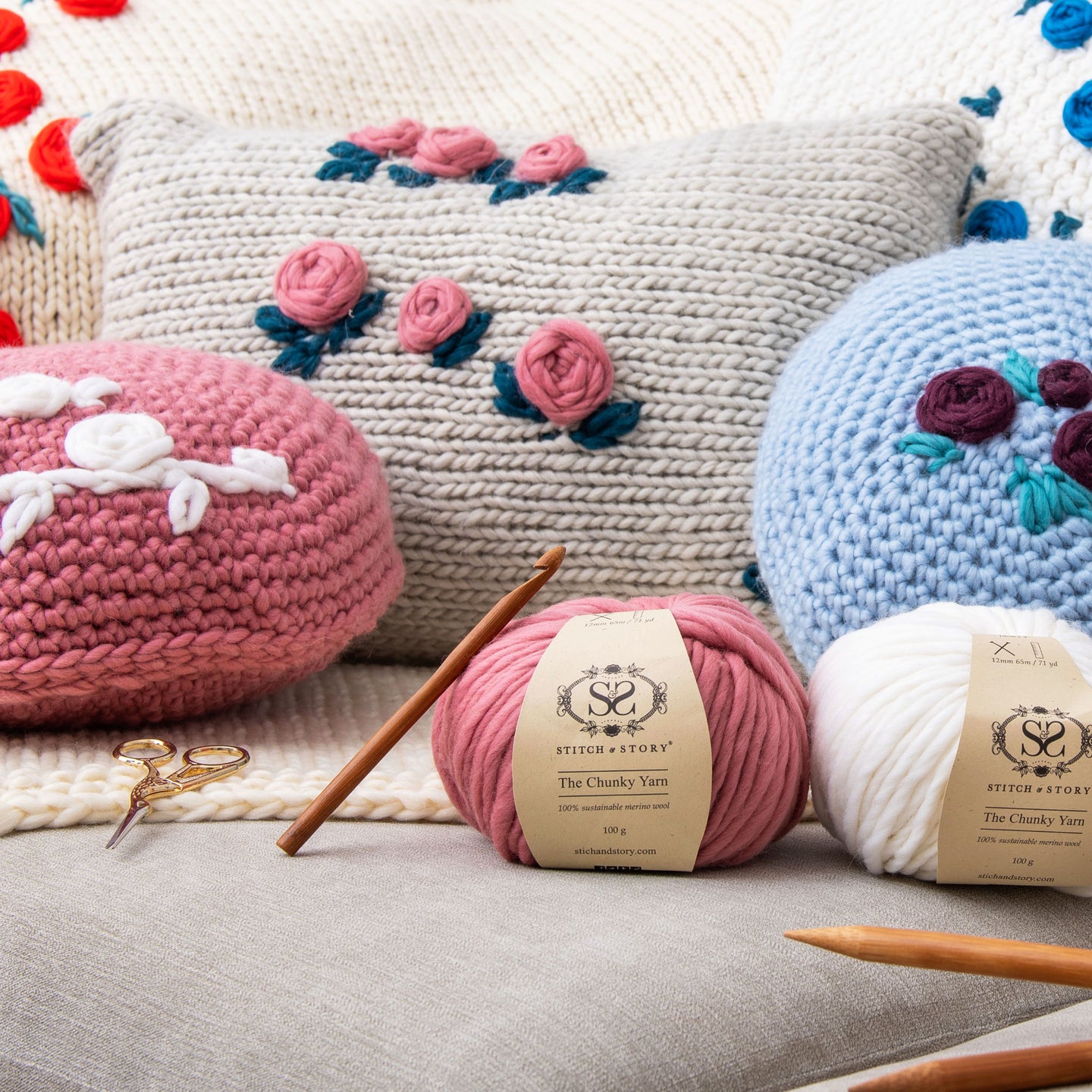 Embroidered Knitted Rectangular Cushion Downloadable Pattern