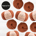 10 balls of Red Maple, 100% Wool Super Chunky Homestead Yarn from Stitch & Story is graphically placed on this image, with a black emblem saying 'Pack of 10' in the top left corner