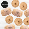 10 balls of Sand Dune, 100% Wool Super Chunky Homestead Yarn from Stitch & Story is graphically placed on this image, with a black emblem saying 'Pack of 10' in the top left corner