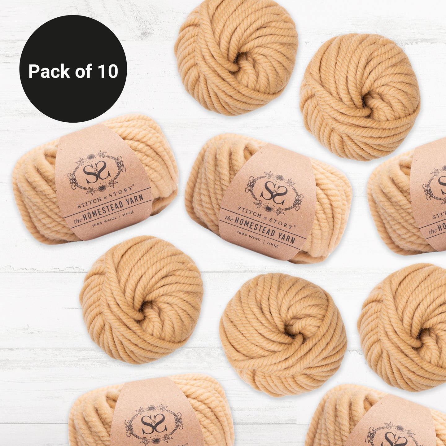 10 balls of Sand Dune, 100% Wool Super Chunky Homestead Yarn from Stitch & Story is graphically placed on this image, with a black emblem saying 'Pack of 10' in the top left corner