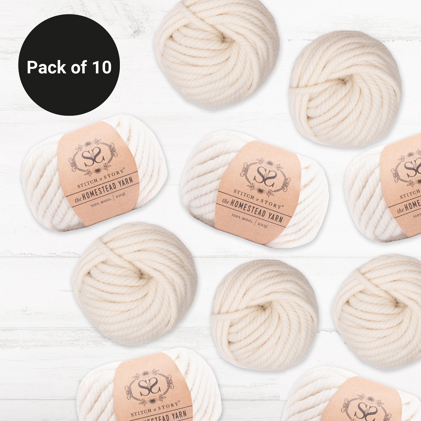 10 balls of White Owl, 100% Wool Super Chunky Homestead Yarn from Stitch & Story is graphically placed on this image, with a black emblem saying 'Pack of 10' in the top left corner