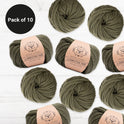 10 balls of Green Willow, 100% Wool Super Chunky Homestead Yarn from Stitch & Story is graphically placed on this image, with a black emblem saying 'Pack of 10' in the top left corner
