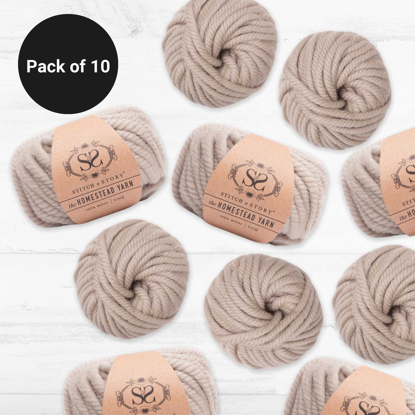 10 balls of Natural Oats, 100% Wool Super Chunky Homestead Yarn from Stitch & Story is graphically placed on this image, with a black emblem saying 'Pack of 10' in the top left corner