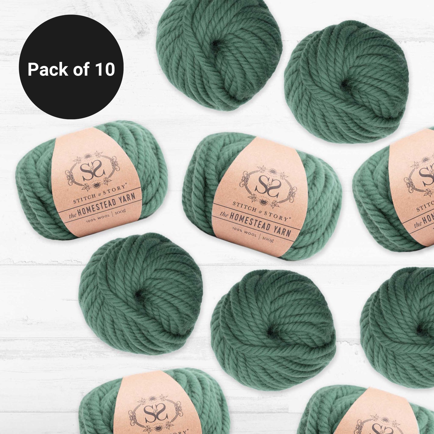 10 balls of Aqua Teal, 100% Wool Super Chunky Homestead Yarn from Stitch & Story is graphically placed on this image, with a black emblem saying 'Pack of 10' in the top left corner
