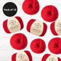 10 balls of Red Rose, 100% Wool Super Chunky Homestead Yarn from Stitch & Story is graphically placed on this image, with a black emblem saying 'Pack of 10' in the top left corner