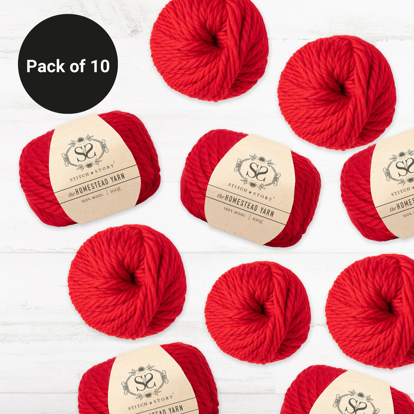 10 balls of Red Rose, 100% Wool Super Chunky Homestead Yarn from Stitch & Story is graphically placed on this image, with a black emblem saying 'Pack of 10' in the top left corner