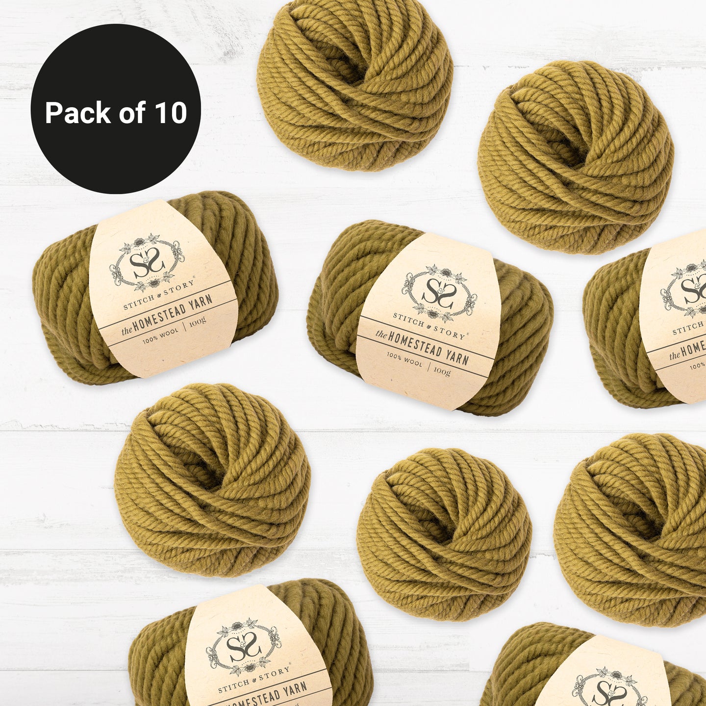 10 balls of Olive Green 100% Wool Super Chunky Homestead Yarn from Stitch & Story is graphically placed on this image, with a black emblem saying 'Pack of 10' in the top left corner