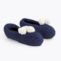 Silent Night Blue lola pom slippers with white pom pom knitted from Stitch & Story beginner knitting kit