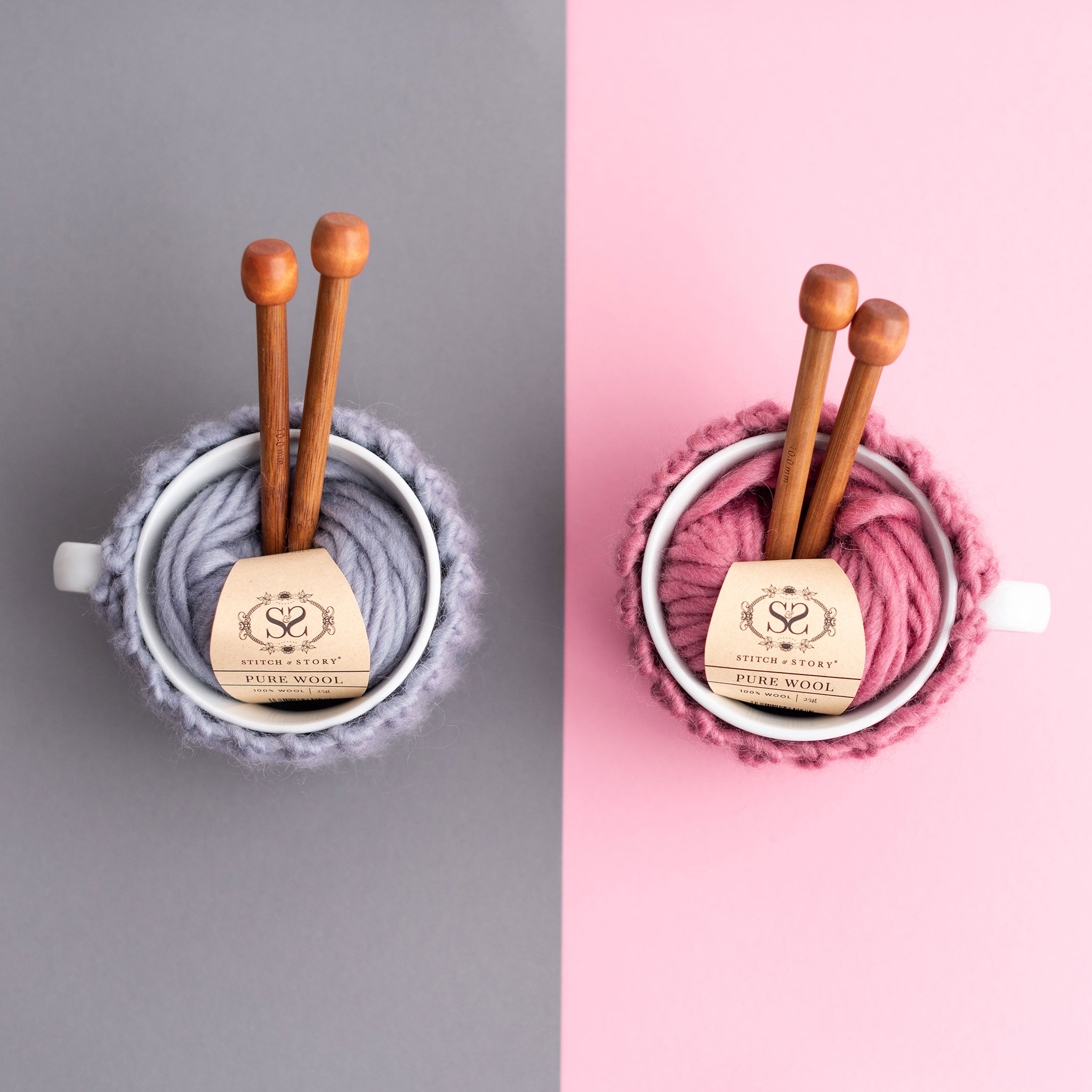 A photo showing both the kit content of the cup cosy kit in Dust Pink and Stormy Grey.
